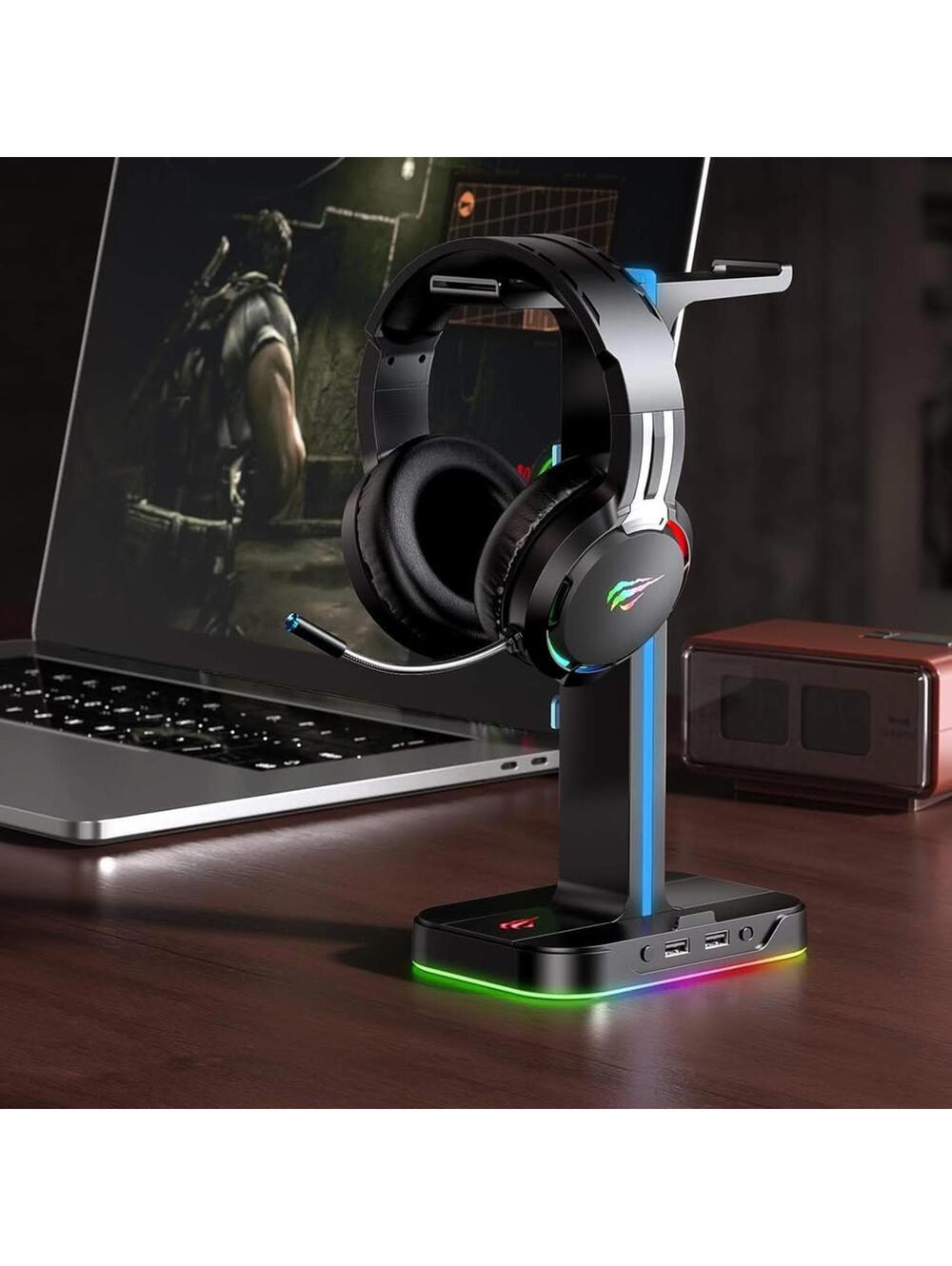 HAVIT RGB Headphone Stand Desk Dual Headset Hanger Base w Phone Holder & 2 USB